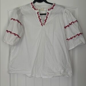 White and dark pink and purple Puff Sleeve Blouse with Mandarin v neck Collar